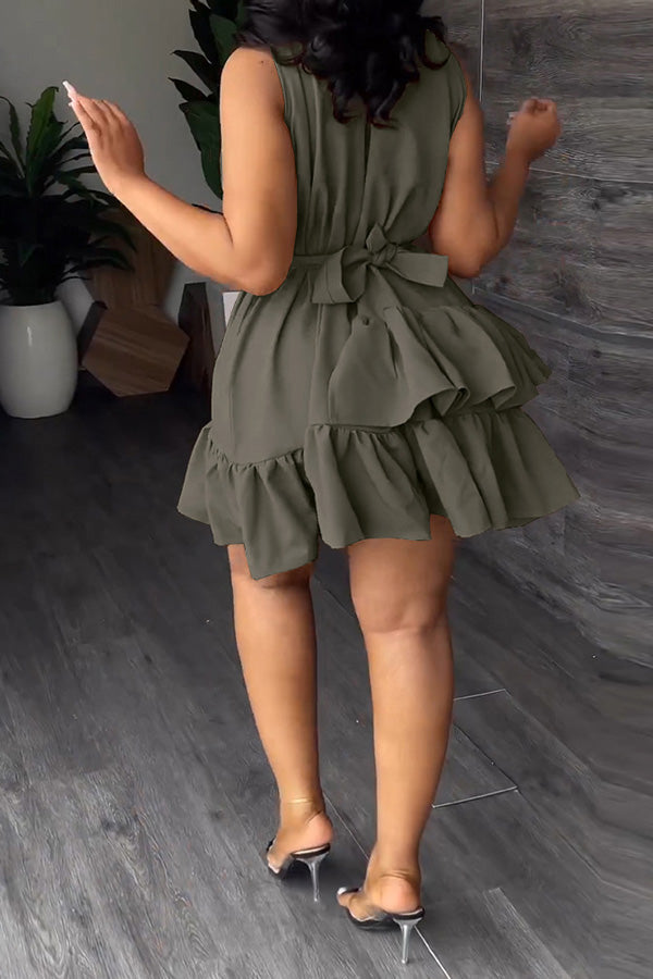 V-Neck Sleeveless Double Layer Ruffle Mini Dress (With Belt)