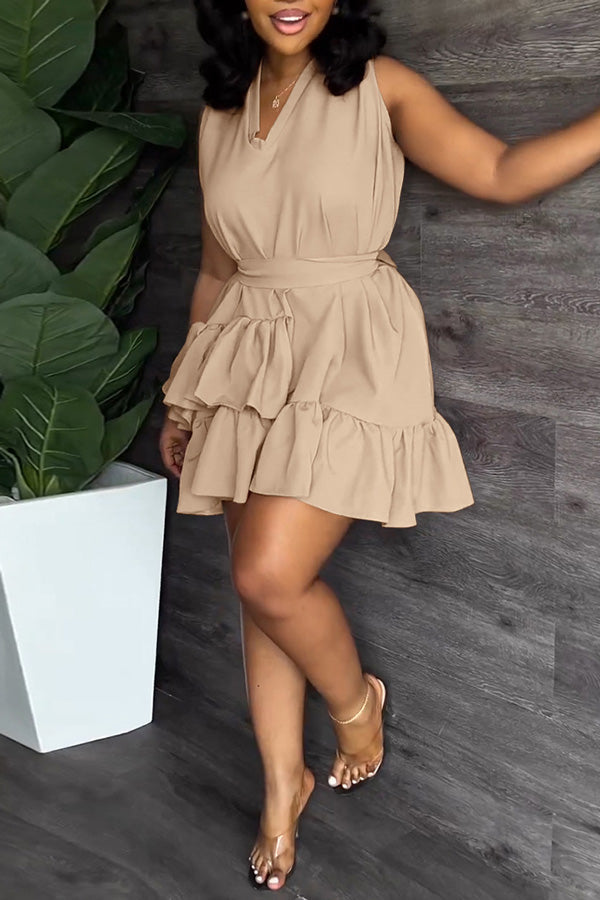 V-Neck Sleeveless Double Layer Ruffle Mini Dress (With Belt)