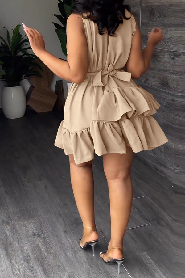 V-Neck Sleeveless Double Layer Ruffle Mini Dress (With Belt)