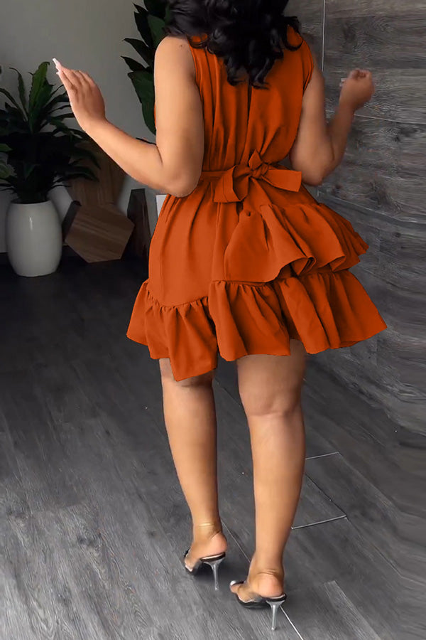 V-Neck Sleeveless Double Layer Ruffle Mini Dress (With Belt)