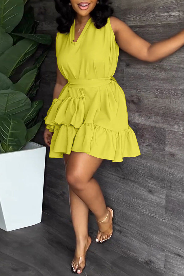 V-Neck Sleeveless Double Layer Ruffle Mini Dress (With Belt)