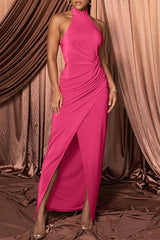Solid Halter Neck Pleated Slit Maxi Dress