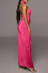 Solid Halter Neck Pleated Slit Maxi Dress