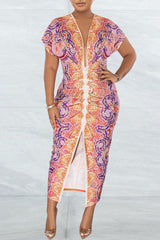 V Neck Ethnic Print Slit Pleated Midi Dress