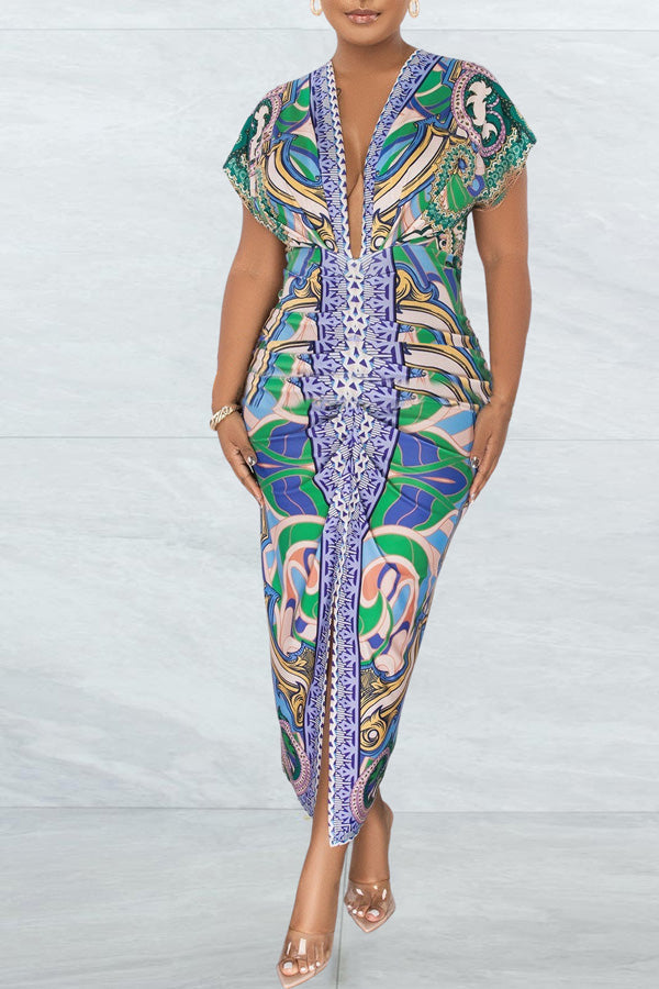 V Neck Ethnic Print Slit Pleated Midi Dress