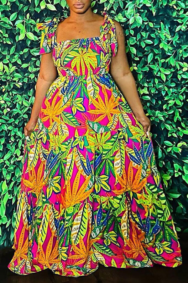 Plus Size Printed Lace Up Maxi Dress