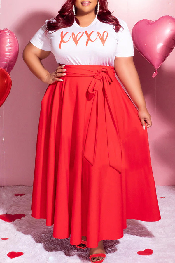 Plus Size Lace Pocket Letter Print A-Line Maxi Dress