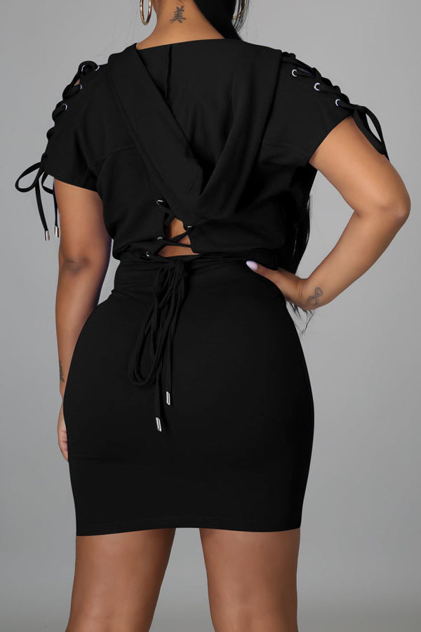 Casual Solid Color Tie Hooded Mini Dress