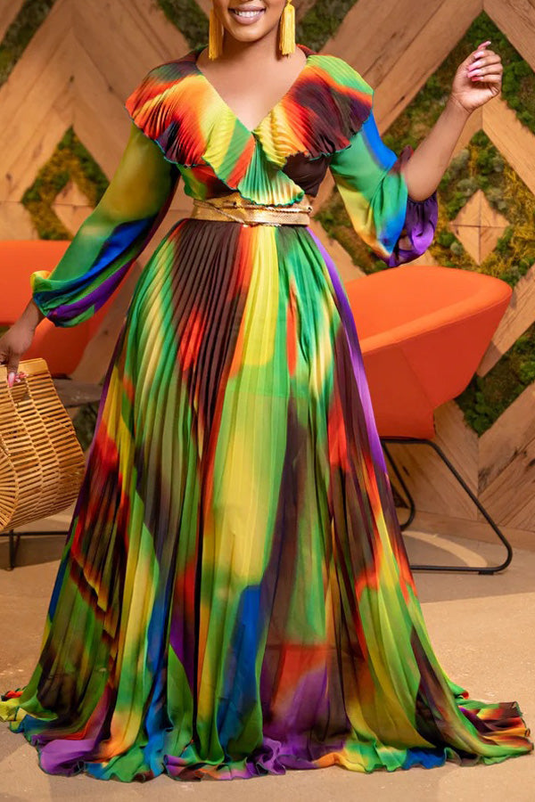 Printed V-neck Ruffled Waist Pleated Maxi Dress