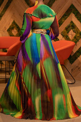 Printed V-neck Ruffled Waist Pleated Maxi Dress