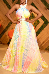 Halter Neck Slim Waist Pleated Long Swing Backless Maxi Dress