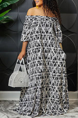 Fashion Print Flat-Shoulder Mid-Sleeve Maxi Dress