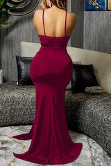 Fashion Solid Color Elegant Sexy V-Neck Sling Irregular Drape Long Dress