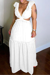 Elegant Ruffled Lace-up Backless Cutout V-Neck Maxi Dress