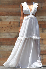 Elegant Ruffled Lace-up Backless Cutout V-Neck Maxi Dress