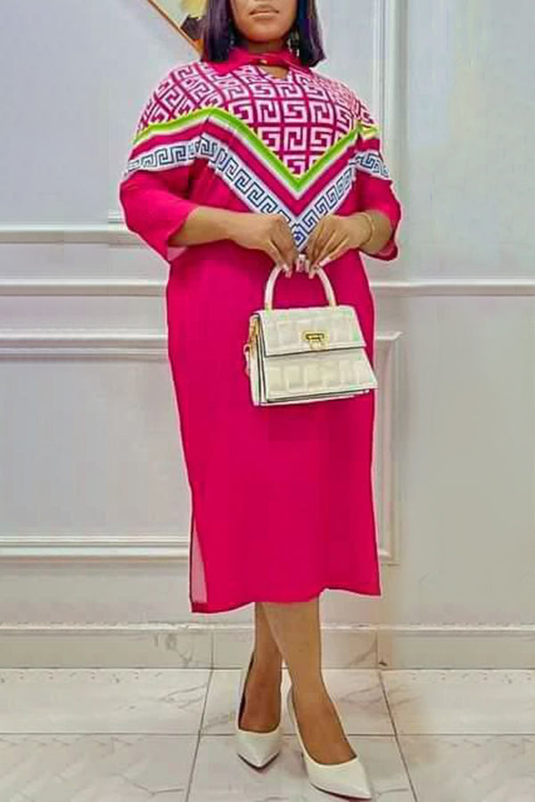 Stylish Elegant Geometric Print Plus Size Shirt Dress