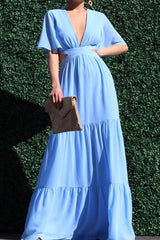 Temperament V-neck Hollow Waist Solid Color Chiffon Dress