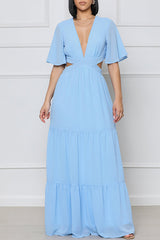 Temperament V-neck Hollow Waist Solid Color Chiffon Dress