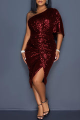 Sleek Sequined One-Shoulder Draped Midi Dress