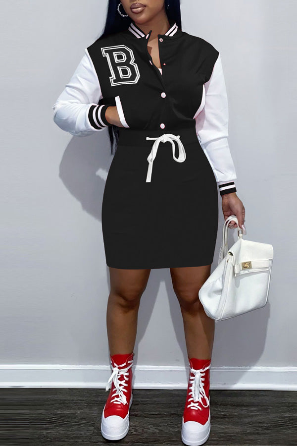 Fashion Letter Button Colorblock Long Sleeve Baseball Dress
