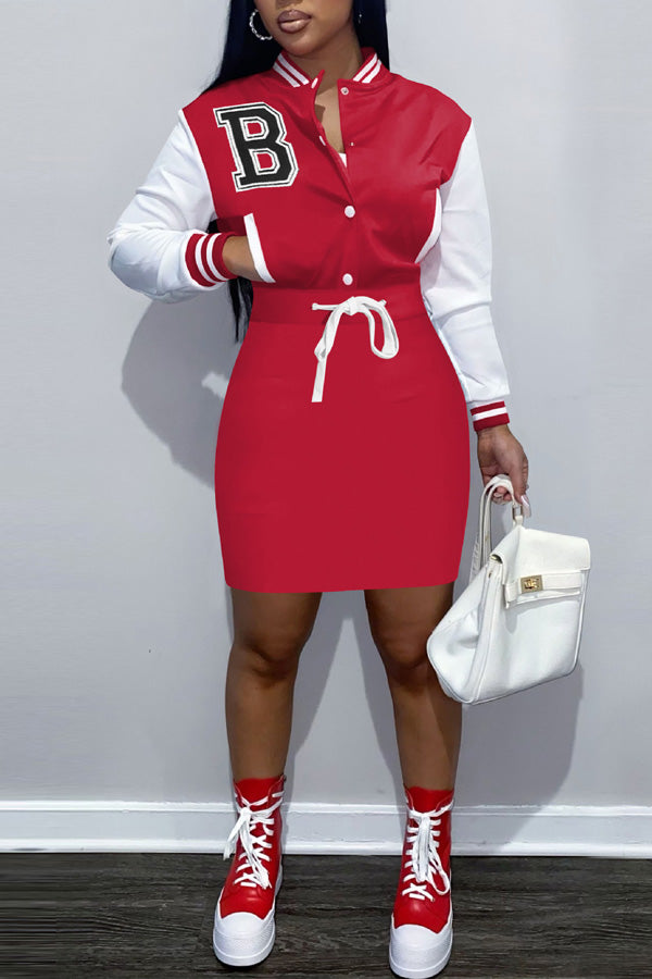 Fashion Letter Button Colorblock Long Sleeve Baseball Dress