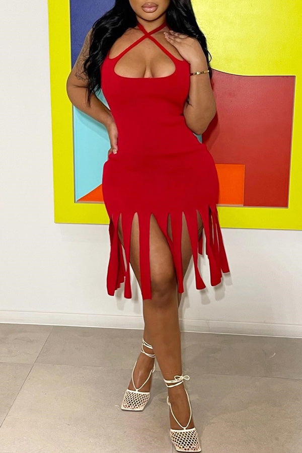 Fashion Sexy Cross Halter Solid Color Fringed Hem Dress