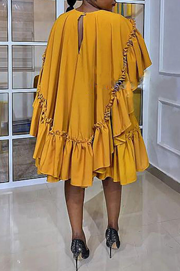 Solid Color Crew Neck Ruffle Loose Sweet Summer Dress
