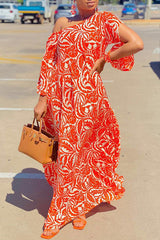 Printed Diagonal Neck Slit Sleeve Loose Maxi Dress