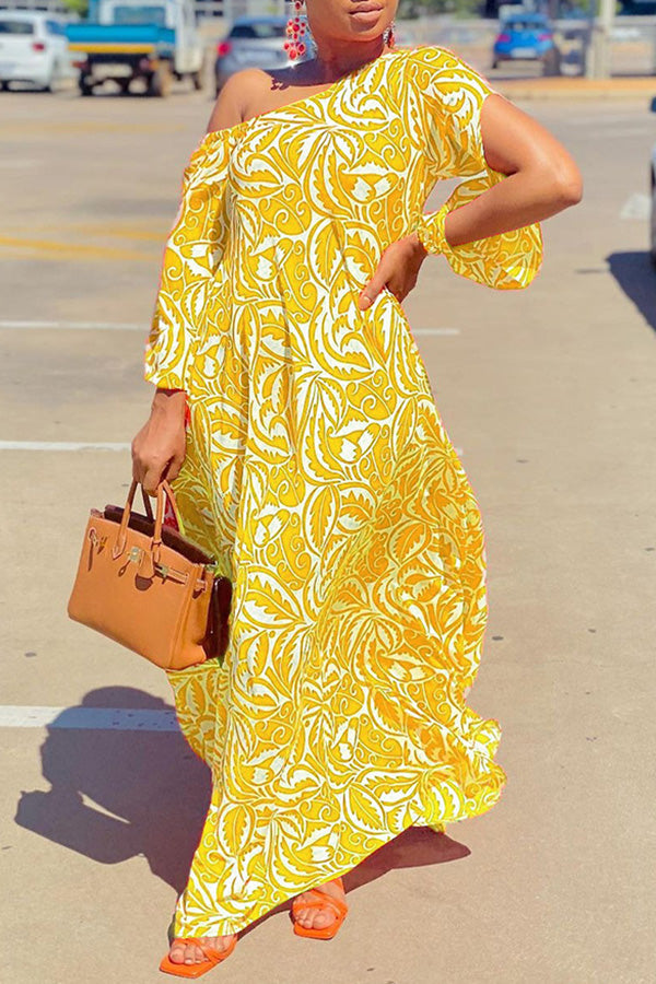 Printed Diagonal Neck Slit Sleeve Loose Maxi Dress