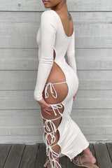 Fashion Sexy Lace Up Solid Color Long Dress