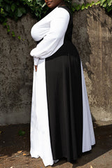Plus Size V Neck Contrast Long Sleeve Swing Dress