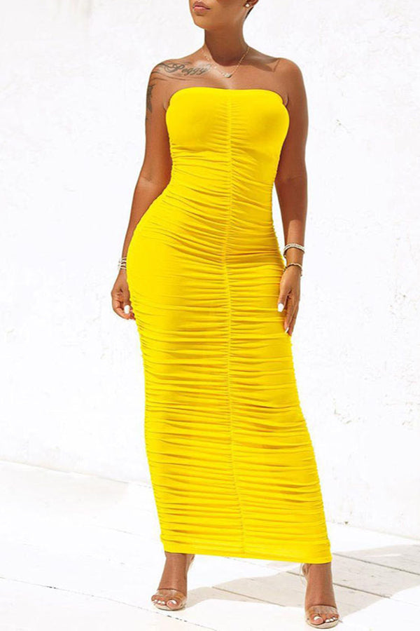 Casual Wrap Chest Sleeveless Crinkled High Stretch Slim Fit Long Dress