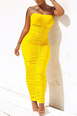 Casual Wrap Chest Sleeveless Crinkled High Stretch Slim Fit Long Dress