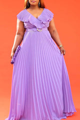 Fashion Ruffle V-Neck Pleated Long Dress