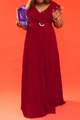 Fashion Ruffle V-Neck Pleated Long Dress