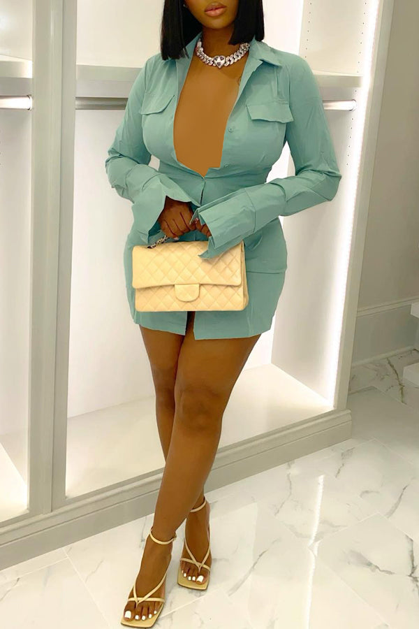 Fashion Single Breasted Long Sleeve Shirt Dress