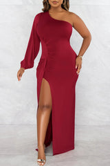 Temperament Solid Color Asymmetric High Waist Slit Evening Dress
