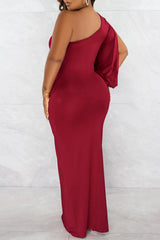 Temperament Solid Color Asymmetric High Waist Slit Evening Dress