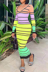 Fashionable Sexy V-Neck Backless Lace-Up Striped Long Dress