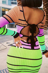 Fashionable Sexy V-Neck Backless Lace-Up Striped Long Dress