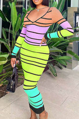 Fashionable Sexy V-Neck Backless Lace-Up Striped Long Dress