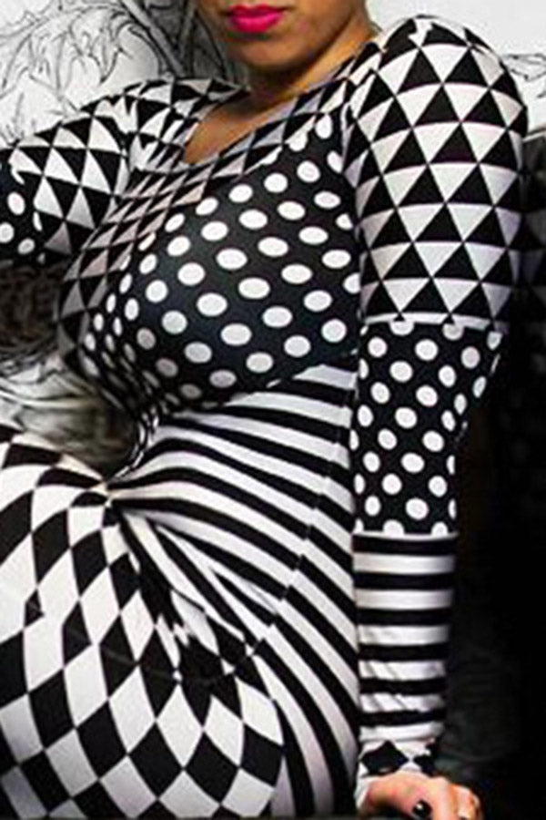 Personalized Positioning Geometric Print Long Sleeve Pack Hip Plus Size Dress