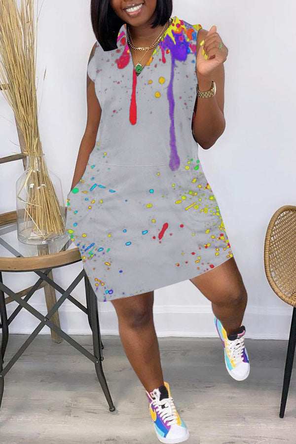 Ink Splatter Print Loose Sleeveless V-Neck Dress