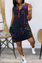 Ink Splatter Print Loose Sleeveless V-Neck Dress