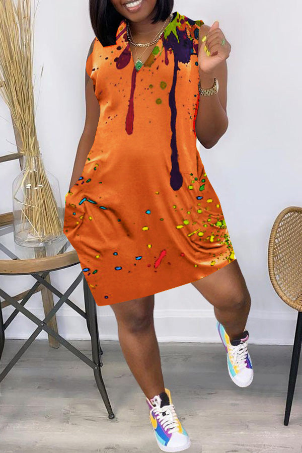 Ink Splatter Print Loose Sleeveless V-Neck Dress