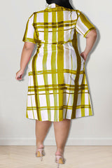 Plus Size Contrast Check Short Sleeve Shirt Midi Dress