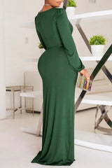 Elegant Commuter V-Neck Pleated Slit Long Sleeve Dress