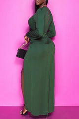 Elegant Commuter V-Neck Pleated Slit Long Sleeve Dress