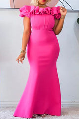 Elegant Solid Ruffle Neck Slim Fit Mermaid Evening Gown