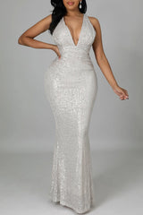 Elegant Sequin V-Neck Sleeveless Slim Fit Fishtail Dress